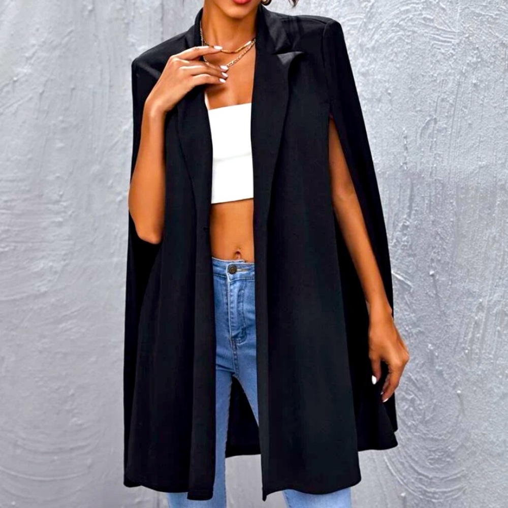 SHEIN Black Notched Collar Cape Coat